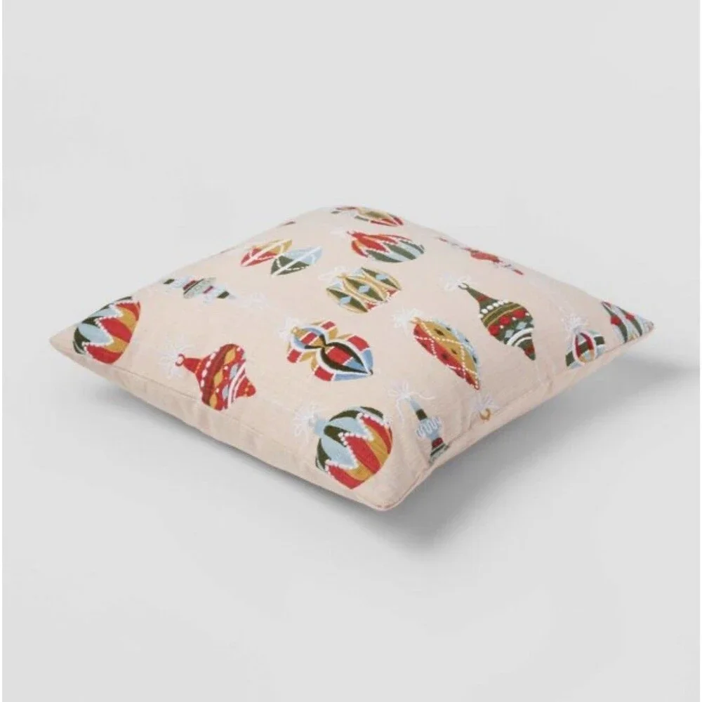 Threshold Embroidered Ornament Square Christmas Throw Pillow Blush Colorful 18in